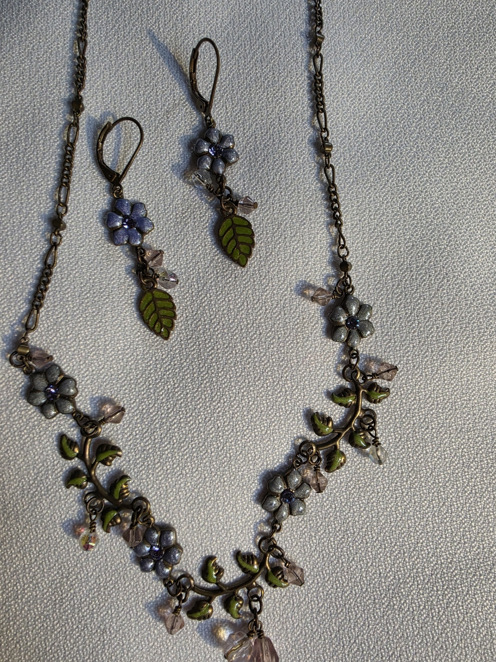 Floral Vine Necklace and Earrings Set in Green and Lavender